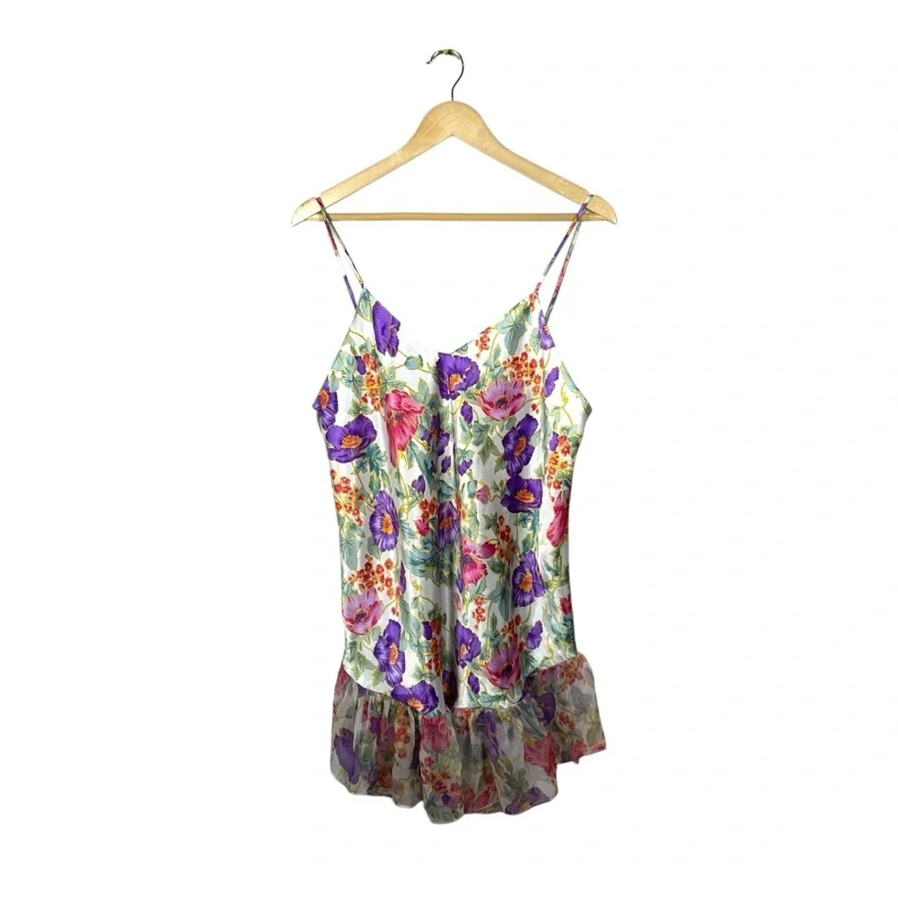 VINTAGE Satin Floral Ruffle Mini Slip Dress in White/Pink/Purple OS - Picture 3 of 8